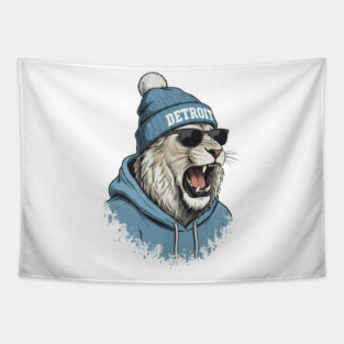 Detroit Lions Design - Roaring Lion, Unique, Best Gift Idea for Men, Women, Kids, Dad, Mom, for Christmas, Birthday, Football, Lovers, Fans, Funny, Special, cool, badass, 70s, 80s, 90s, Players, Retro, Vintage, Tapestry