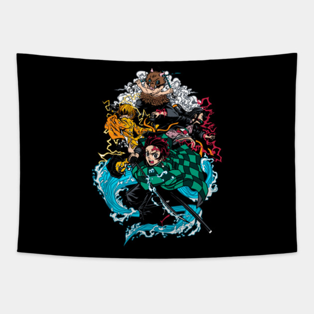 Demon Slayer Main Four in Action Tapestry by Otaku Vibes