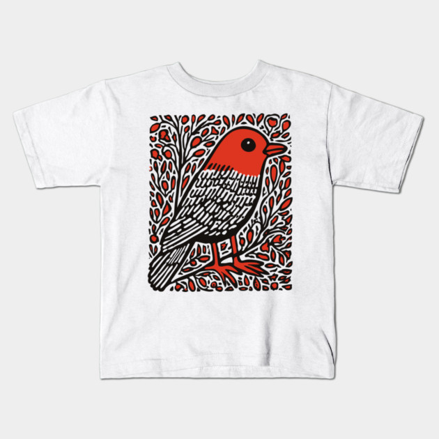 Linocut Robin | The First Sign of Spring Kids T-Shirt by TuncGK