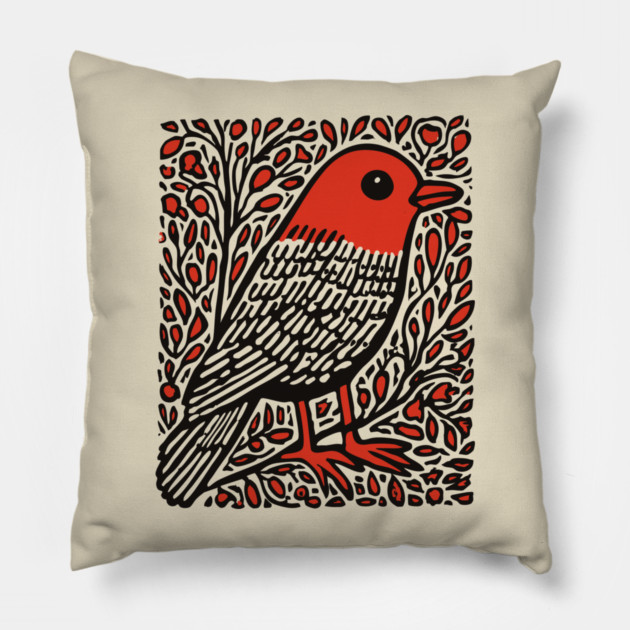 Linocut Robin | The First Sign of Spring Pillow by TuncGK