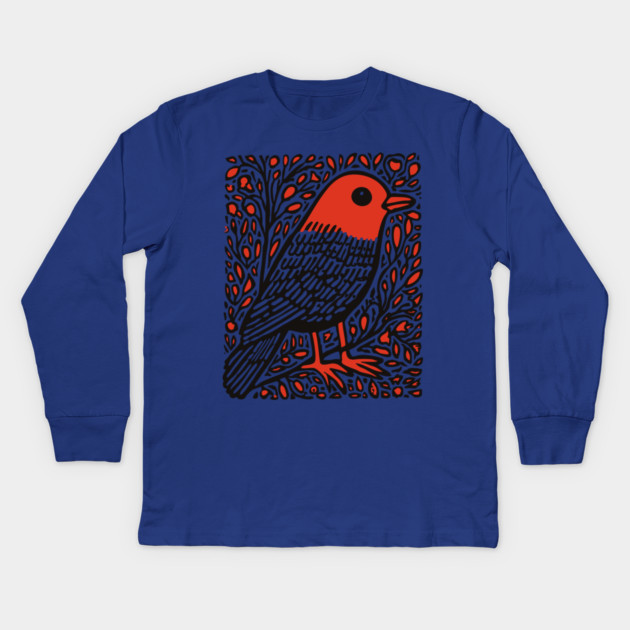 Linocut Robin | The First Sign of Spring Kids Long Sleeve T-Shirt by TuncGK