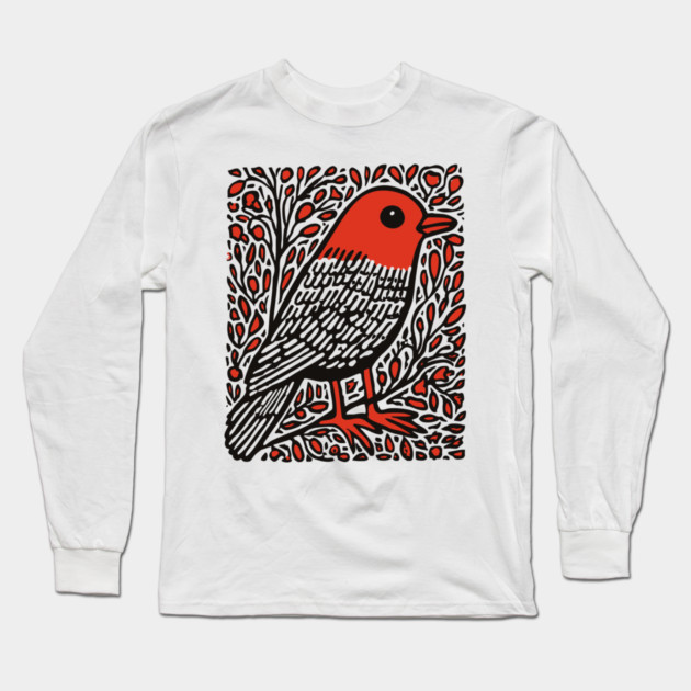 Linocut Robin | The First Sign of Spring Long Sleeve T-Shirt by TuncGK