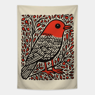 Linocut Robin | The First Sign of Spring Tapestry