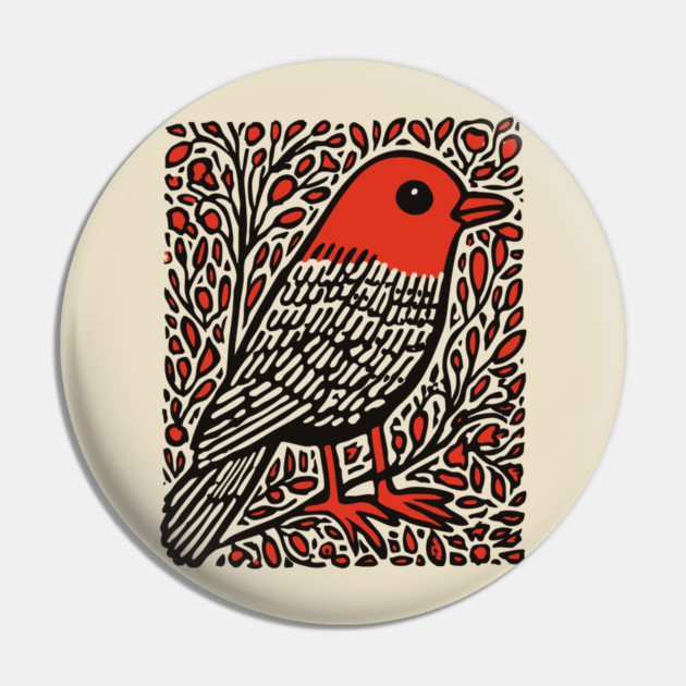 Linocut Robin | The First Sign of Spring Pin by TuncGK