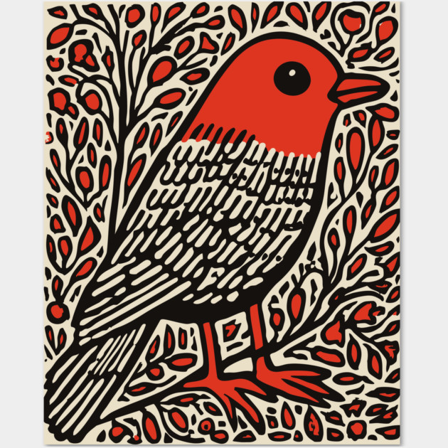 Linocut Robin | The First Sign of Spring Wall Art by TuncGK