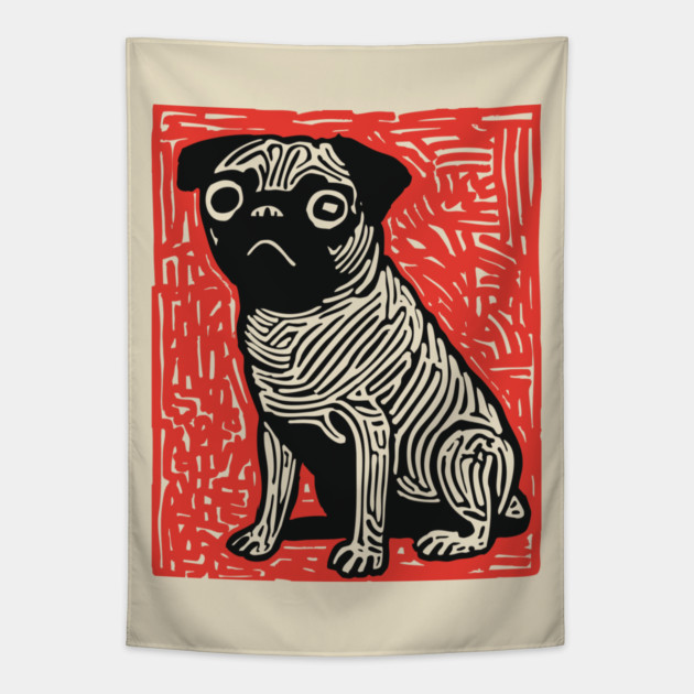 Sad Pug | The Melancholy Curled Tail Tapestry by TuncGK