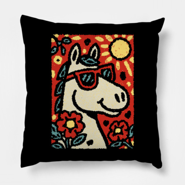 Folk Art Horse | Grandma Pop Art Pillow by TuncGK