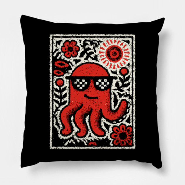 Cool Octopus | Risograph Style Sea Creature Pillow by TuncGK