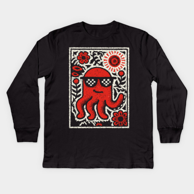 Cool Octopus | Risograph Style Sea Creature Kids Long Sleeve T-Shirt by TuncGK