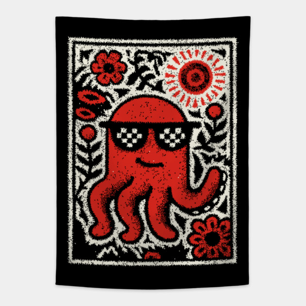 Cool Octopus | Risograph Style Sea Creature Tapestry by TuncGK