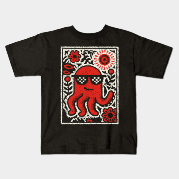 Cool Octopus | Risograph Style Sea Creature Kids T-Shirt by TuncGK