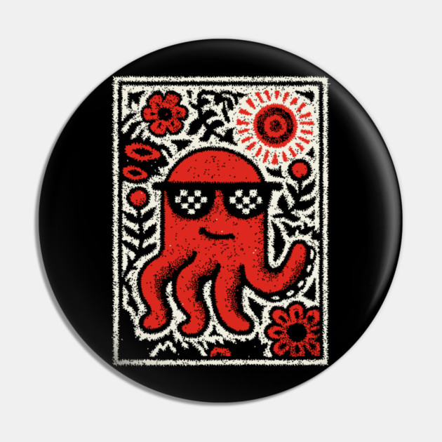 Cool Octopus | Risograph Style Sea Creature Pin by TuncGK