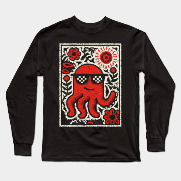 Cool Octopus | Risograph Style Sea Creature Long Sleeve T-Shirt by TuncGK