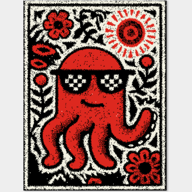 Cool Octopus | Risograph Style Sea Creature Wall Art by TuncGK