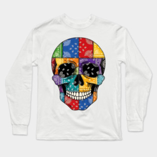 Bandana Patchwork Smiling Skull design Long Sleeve T-Shirt