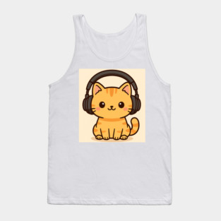 Kawaii Cat with Headphones | Cute Music Lover Podcast Design | Cute cat Tank Top