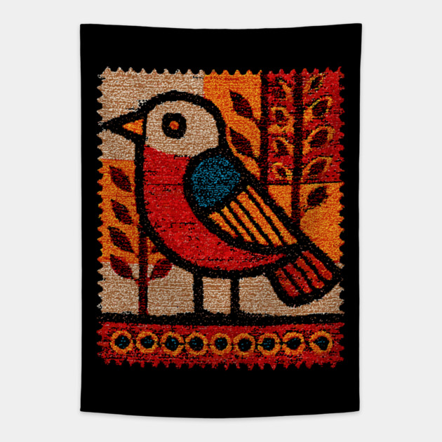 Vintage Bird Stamp | Experimental Design Tapestry by TuncGK