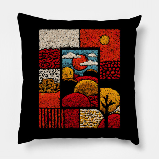 Abstract Mosaic Landscape | A Stippled Folk Art Quilt Pillow by TuncGK