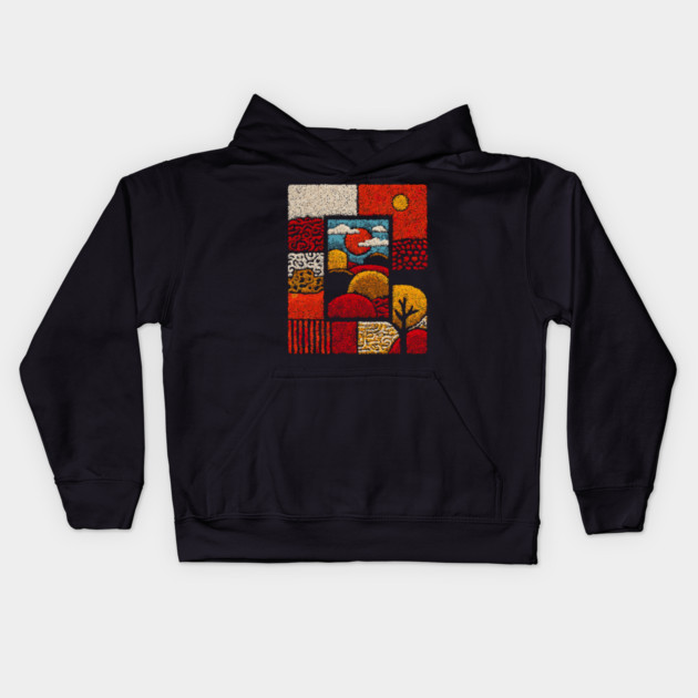 Abstract Mosaic Landscape | A Stippled Folk Art Quilt Kids Hoodie by TuncGK
