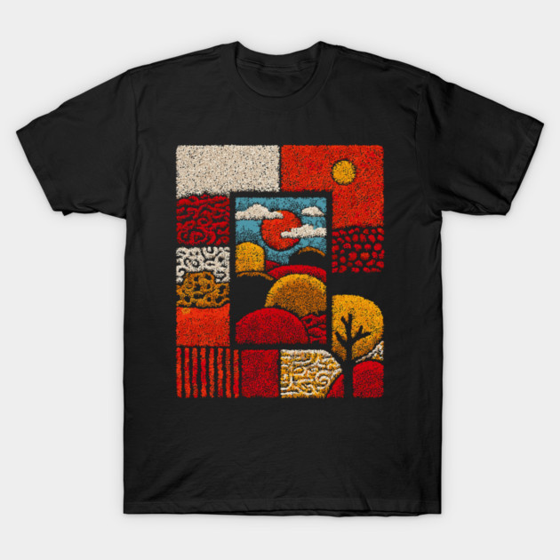 Abstract Mosaic Landscape | A Stippled Folk Art Quilt T-Shirt by TuncGK