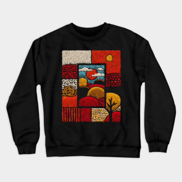 Abstract Mosaic Landscape | A Stippled Folk Art Quilt Crewneck Sweatshirt by TuncGK