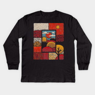 Abstract Mosaic Landscape | A Stippled Folk Art Quilt Kids Long Sleeve T-Shirt