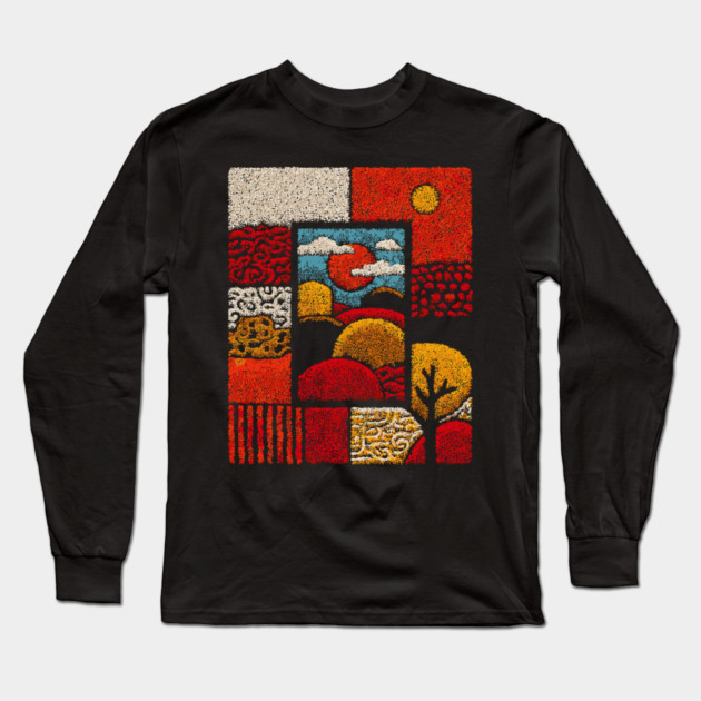 Abstract Mosaic Landscape | A Stippled Folk Art Quilt Long Sleeve T-Shirt by TuncGK