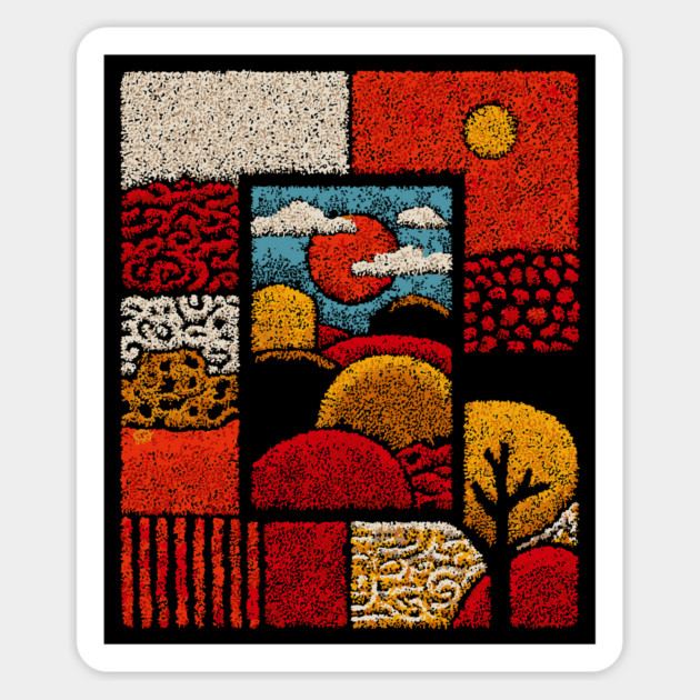 Abstract Mosaic Landscape | A Stippled Folk Art Quilt Magnet by TuncGK