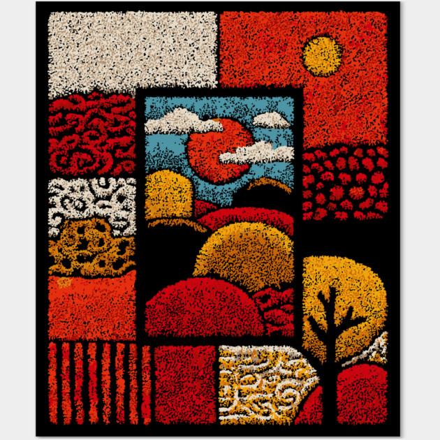 Abstract Mosaic Landscape | A Stippled Folk Art Quilt Wall Art by TuncGK