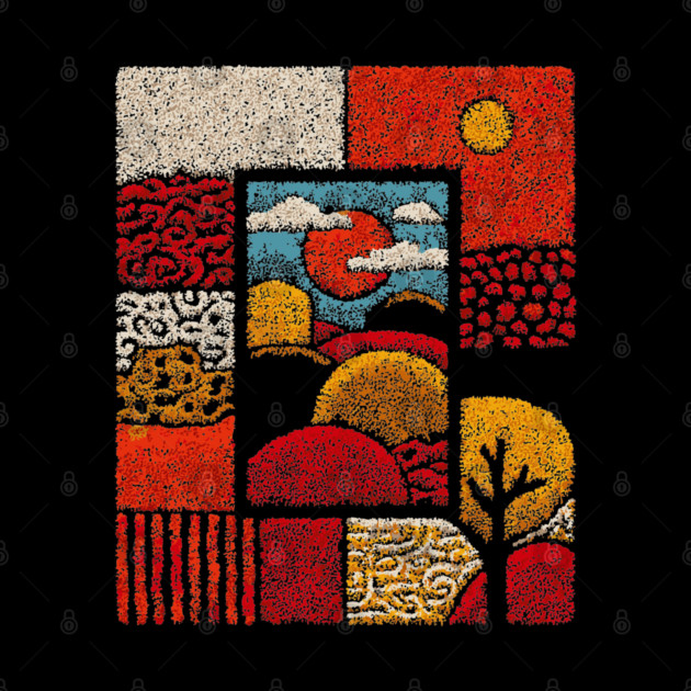 Abstract Mosaic Landscape | A Stippled Folk Art Quilt by TuncGK