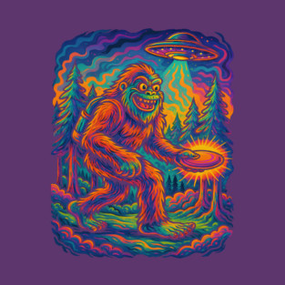 Psychedelic Bigfoot Disc Golf UFO Design T-Shirt