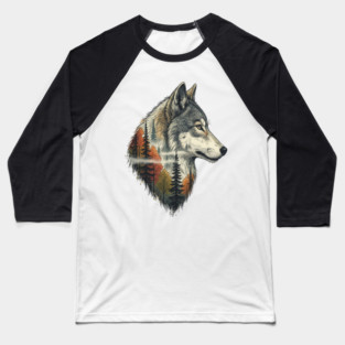 Wolf Double Exposure Autumn Forest Art Baseball T-Shirt