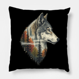 Wolf Double Exposure Autumn Forest Art Pillow