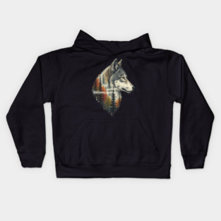 Wolf Double Exposure Autumn Forest Art Kids Hoodie