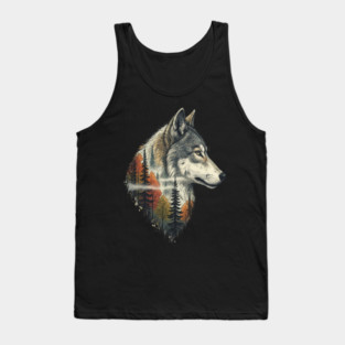 Wolf Double Exposure Autumn Forest Art Tank Top