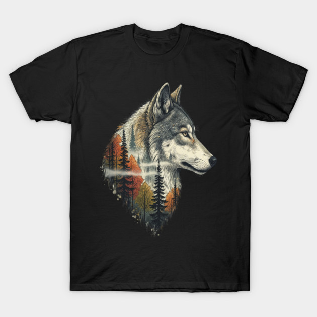 Wolf Double Exposure Autumn Forest Art T-Shirt by BirdsnStuff