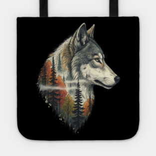 Wolf Double Exposure Autumn Forest Art Tote