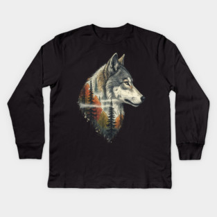 Wolf Double Exposure Autumn Forest Art Kids Long Sleeve T-Shirt