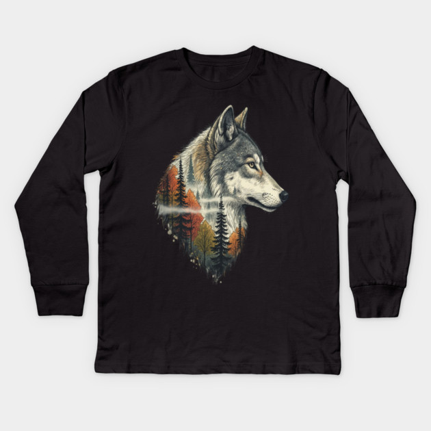 Wolf Double Exposure Autumn Forest Art Kids Long Sleeve T-Shirt by BirdsnStuff