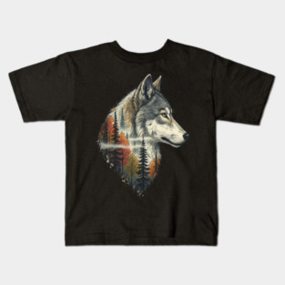 Wolf Double Exposure Autumn Forest Art Kids T-Shirt