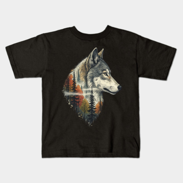 Wolf Double Exposure Autumn Forest Art Kids T-Shirt by BirdsnStuff