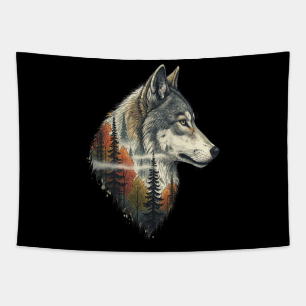 Wolf Double Exposure Autumn Forest Art Tapestry by BirdsnStuff