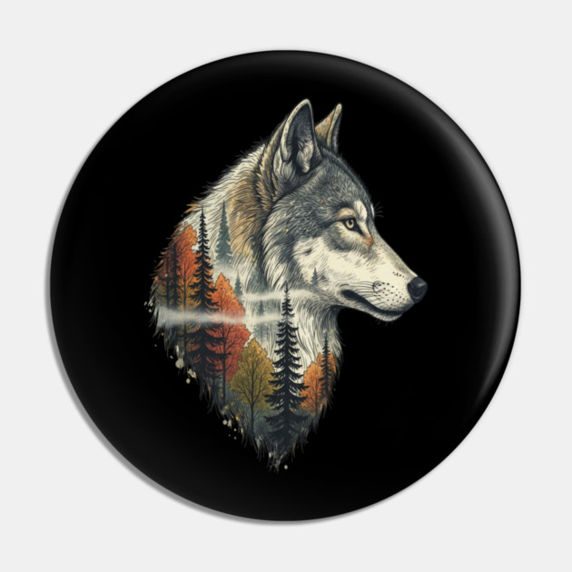 Wolf Double Exposure Autumn Forest Art Pin by BirdsnStuff