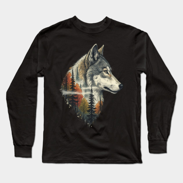 Wolf Double Exposure Autumn Forest Art Long Sleeve T-Shirt by BirdsnStuff