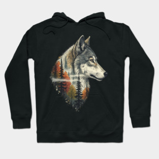 Wolf Double Exposure Autumn Forest Art Hoodie