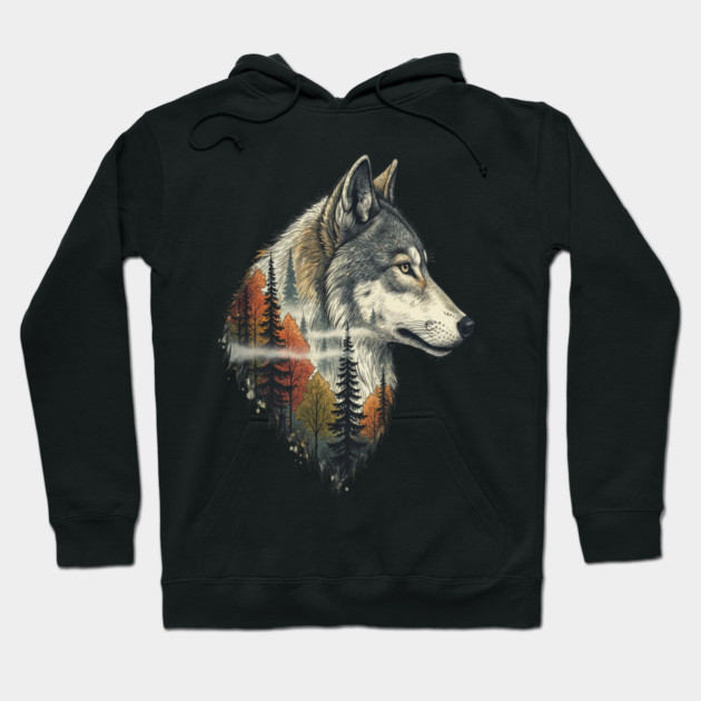 Wolf Double Exposure Autumn Forest Art Hoodie by BirdsnStuff