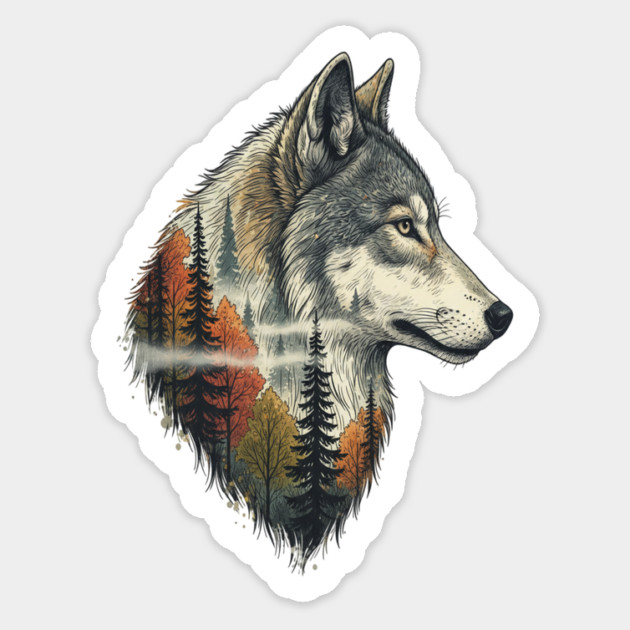 Wolf Double Exposure Autumn Forest Art Magnet by BirdsnStuff