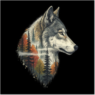 Wolf Double Exposure Autumn Forest Art Posters and Art