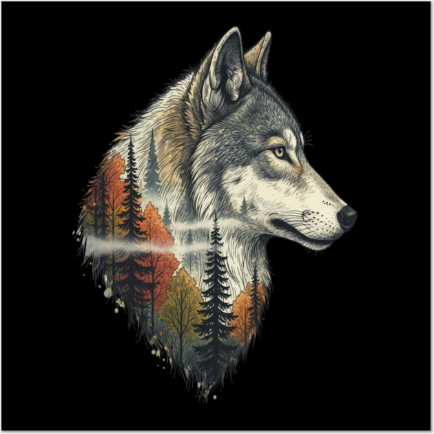 Wolf Double Exposure Autumn Forest Art Wall Art by BirdsnStuff