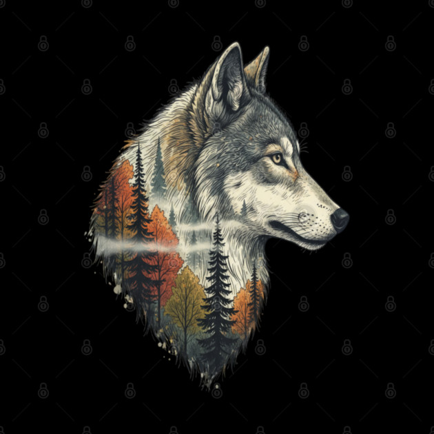 Wolf Double Exposure Autumn Forest Art by BirdsnStuff